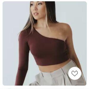 Klassy One-Shoulder Crop Top - Brown (Size L)
